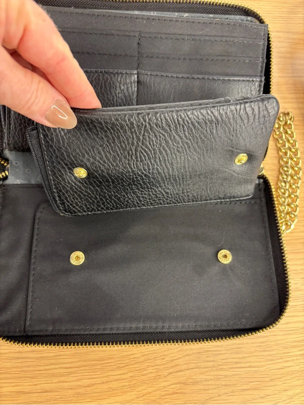 Olivia + Joy Black Faux Leather Wristlet with Gold Chain Strap LIKE NEW